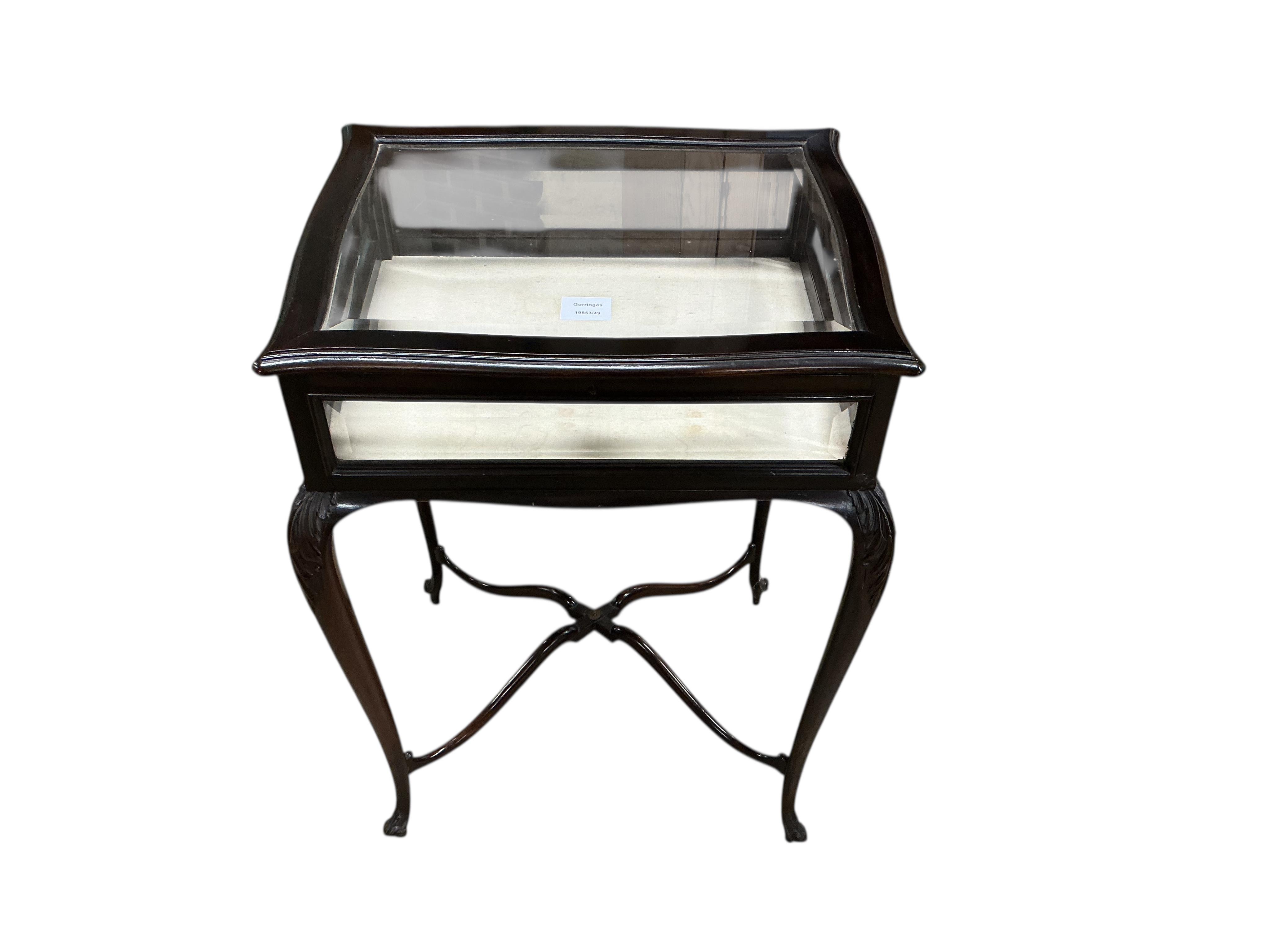 A late Victorian serpentine mahogany bijouterie table, width 52cm, depth 42cm, height 76cm